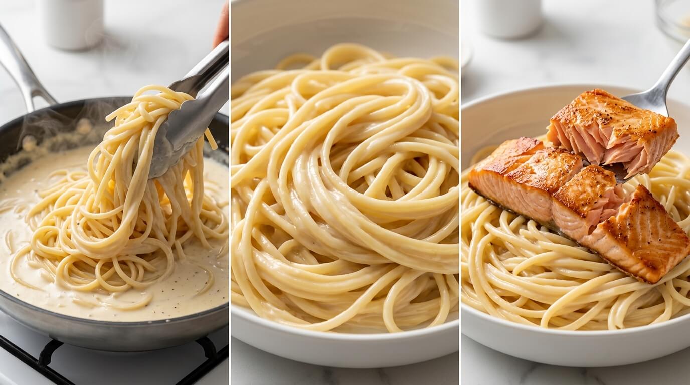 Finishing Salmon Alfredo Pasta by mixing creamy fettuccine and topping with seared salmon pieces on plated dish