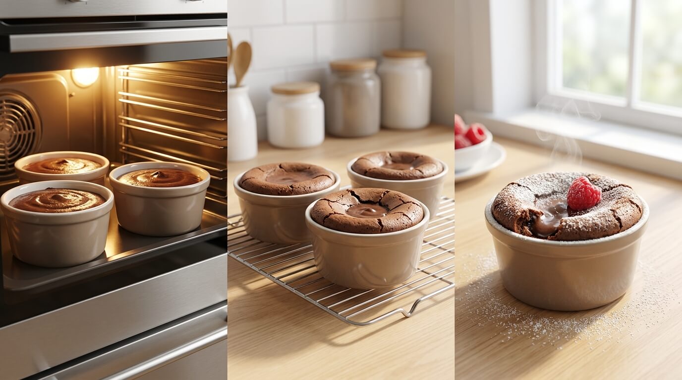 Baking Gooey Chocolate Lava Brookie Cake in ramekins, cooling, and serving with molten chocolate center and raspberry