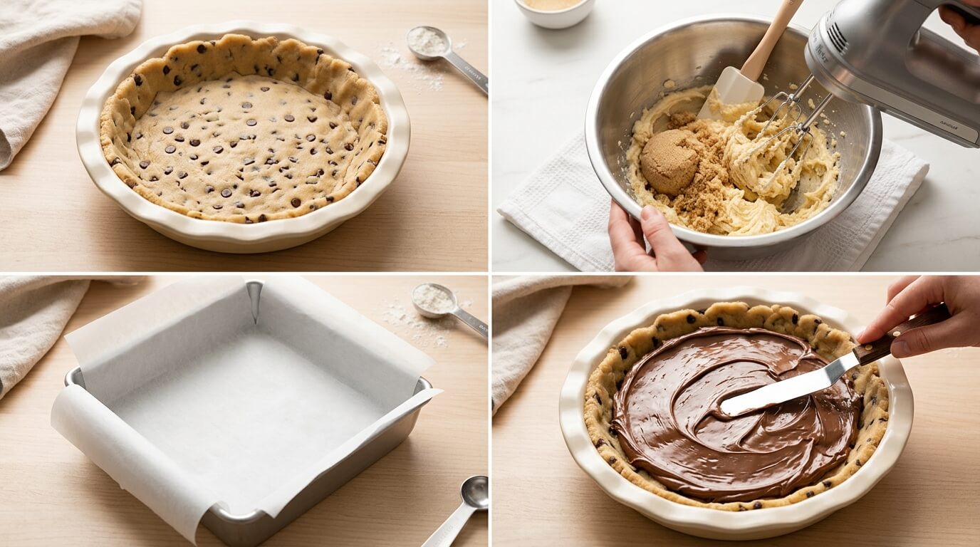 Preparing Nutella Stuffed Cookie Pie with cookie dough crust, mixing batter, lining pan, and spreading Nutella filling