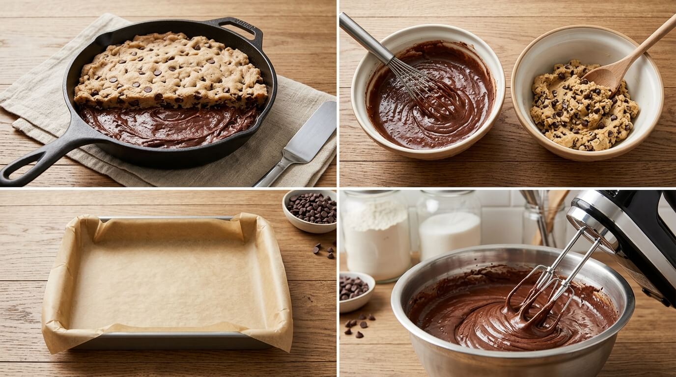 Gooey Chocolate Lava Brookie Cake recipe steps: baked brookie in a cast iron skillet, chocolate brownie batter and chocolate chip cookie dough in bowls, parchment-lined baking pan, and mixing rich chocolate brownie batter with an electric mixer