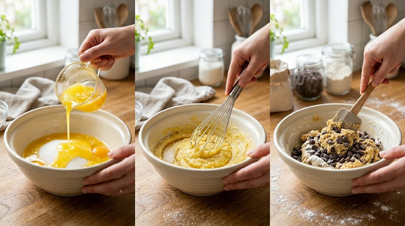 Mixing Nutella Stuffed Cookie Pie batter with eggs, whisking dough, and adding chocolate chips to mixture