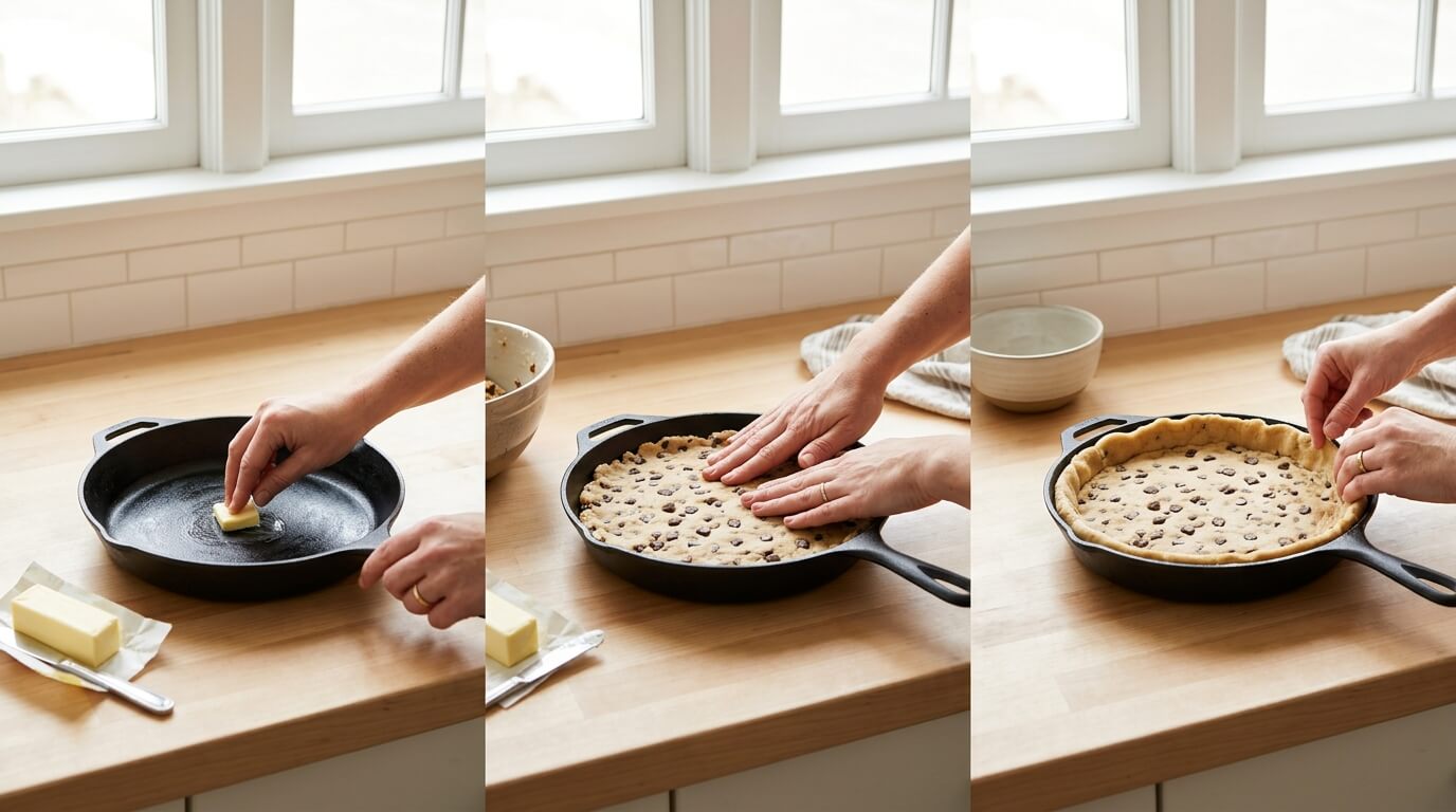 Preparing Nutella Stuffed Cookie Pie by greasing pan, pressing dough into skillet, and shaping crust edges