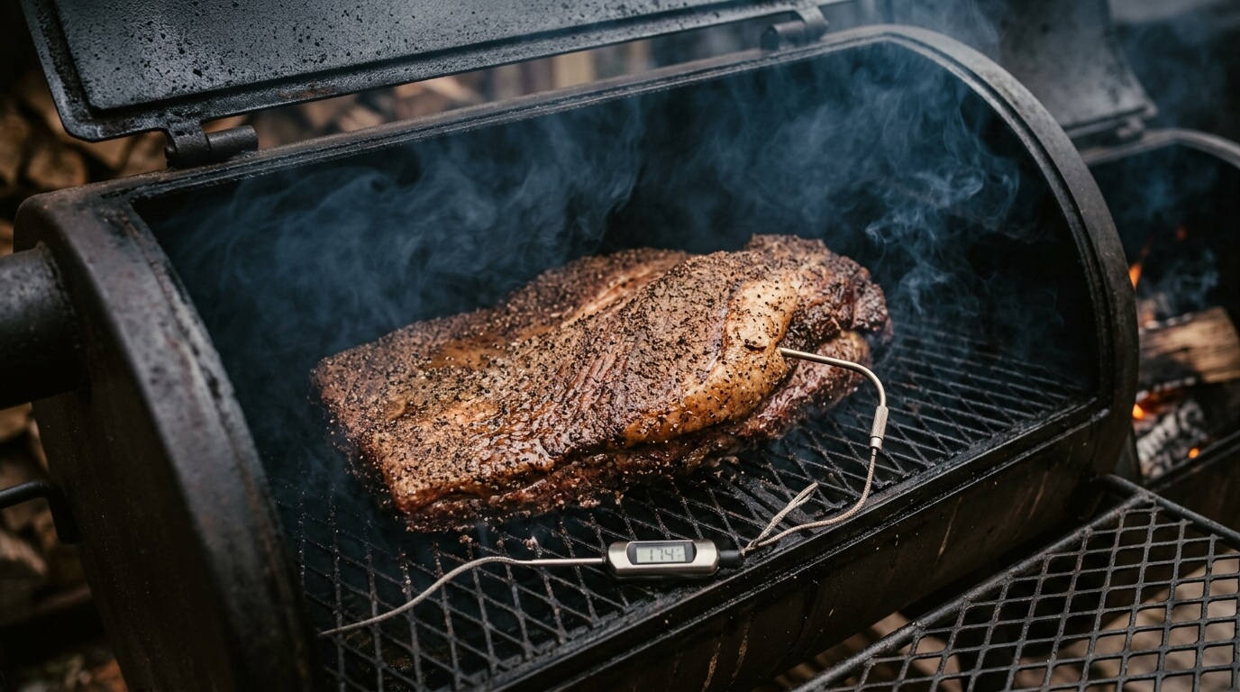Brisket smoking on a grill with thermometer probe, part of a Texas Style Smoked Brisket Recipe