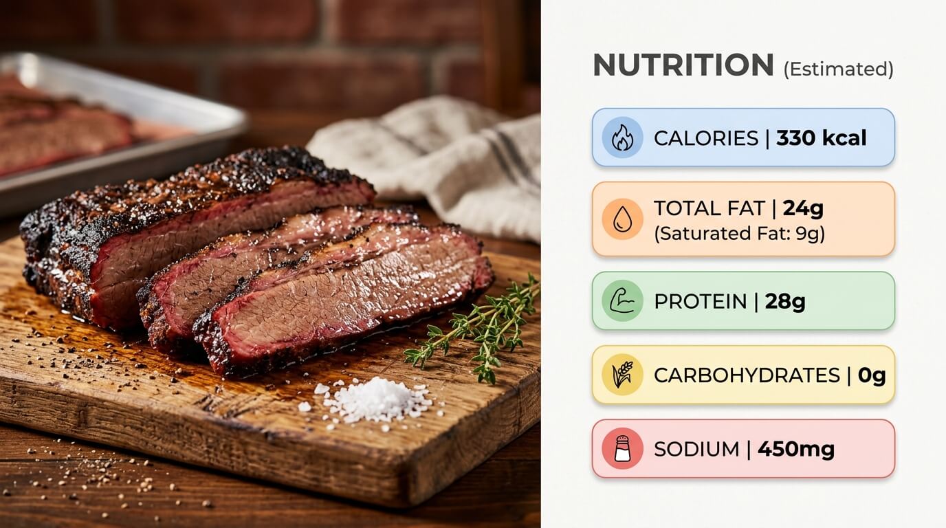 Sliced brisket with nutrition info panel for a Texas Style Smoked Brisket Recipe