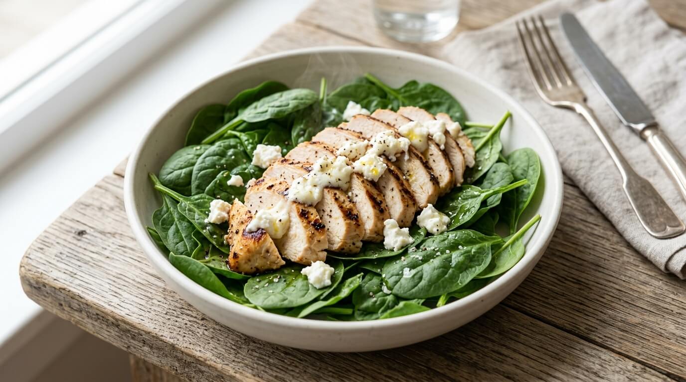 Alt text: Spinach Salad with Chicken, Avocado, and Goat Cheese topped with sliced grilled chicken and cheese