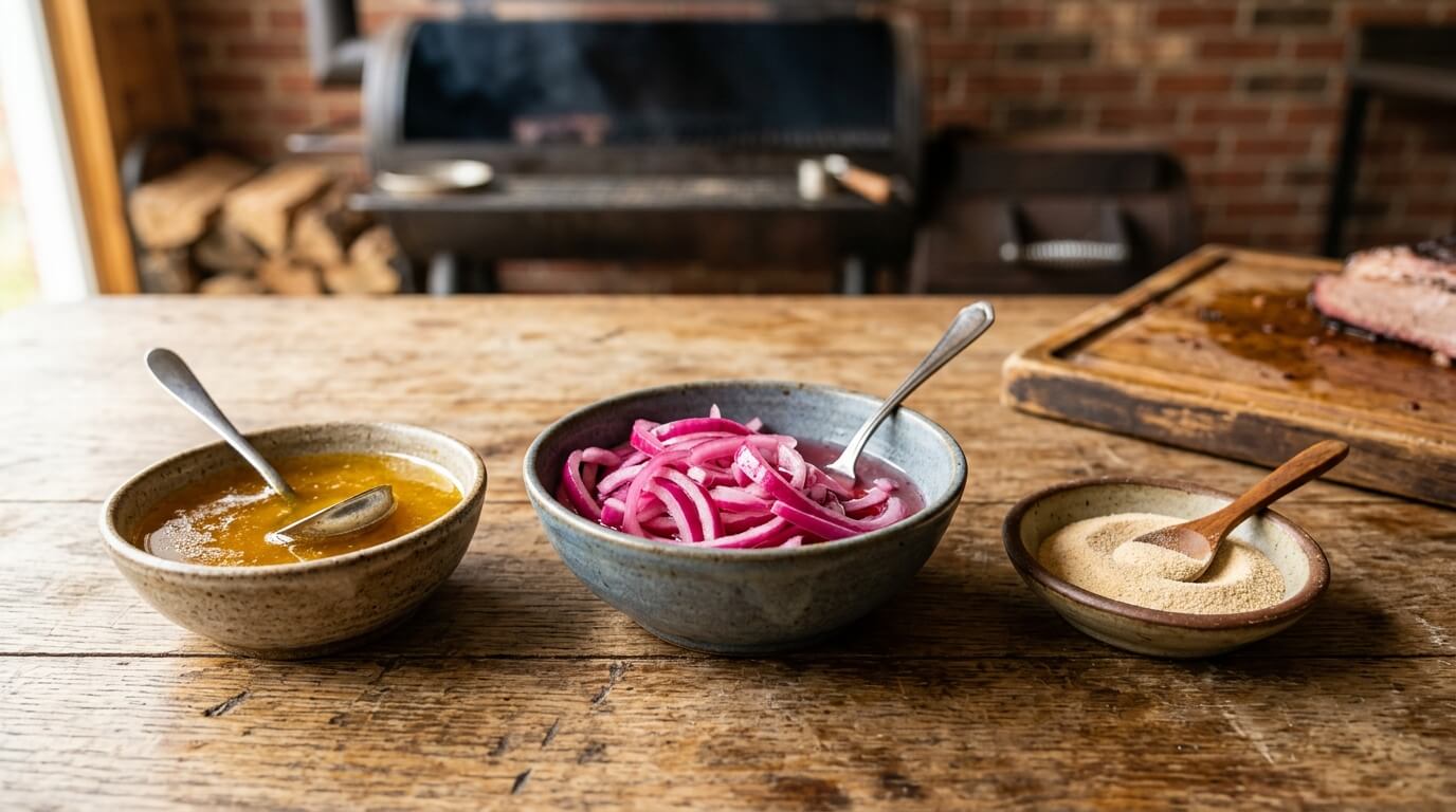 Bowls of sauce, pickled onions, and seasoning for a Texas Style Smoked Brisket Recipe