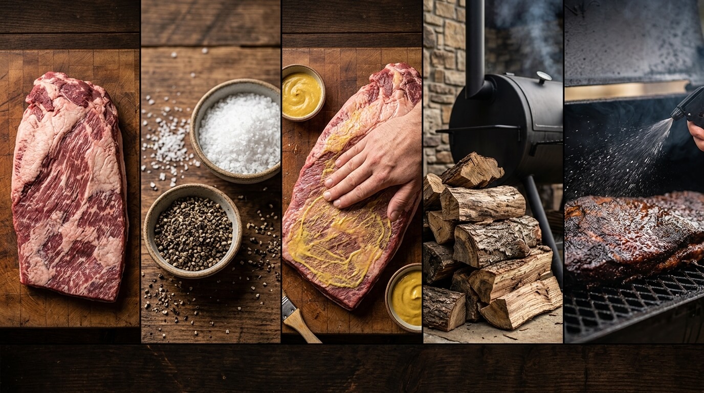 Texas Style Smoked Brisket making process: raw brisket, seasoning, mustard rub, smoker setup, and smoking