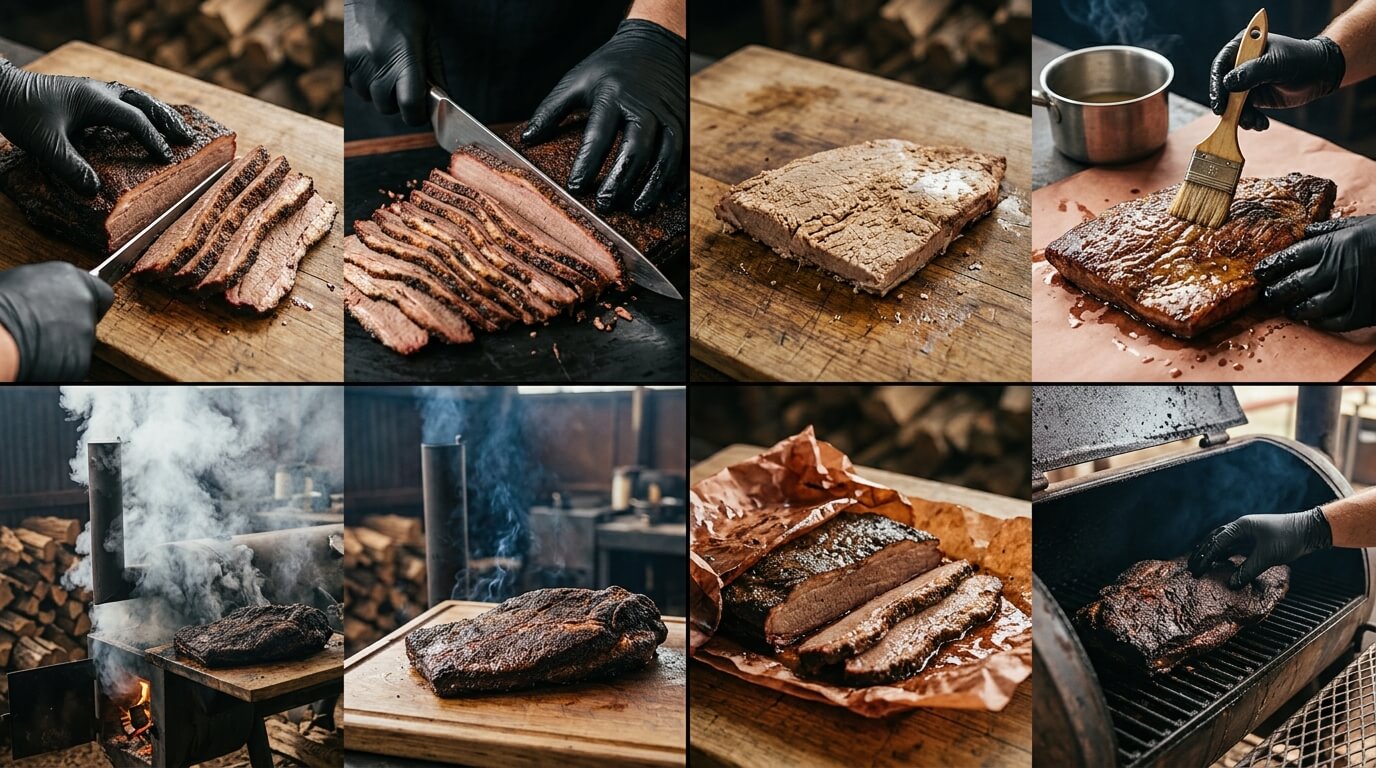 Step-by-step Texas Style Smoked Brisket Recipe showing slicing, glazing, smoking, and serving brisket pieces