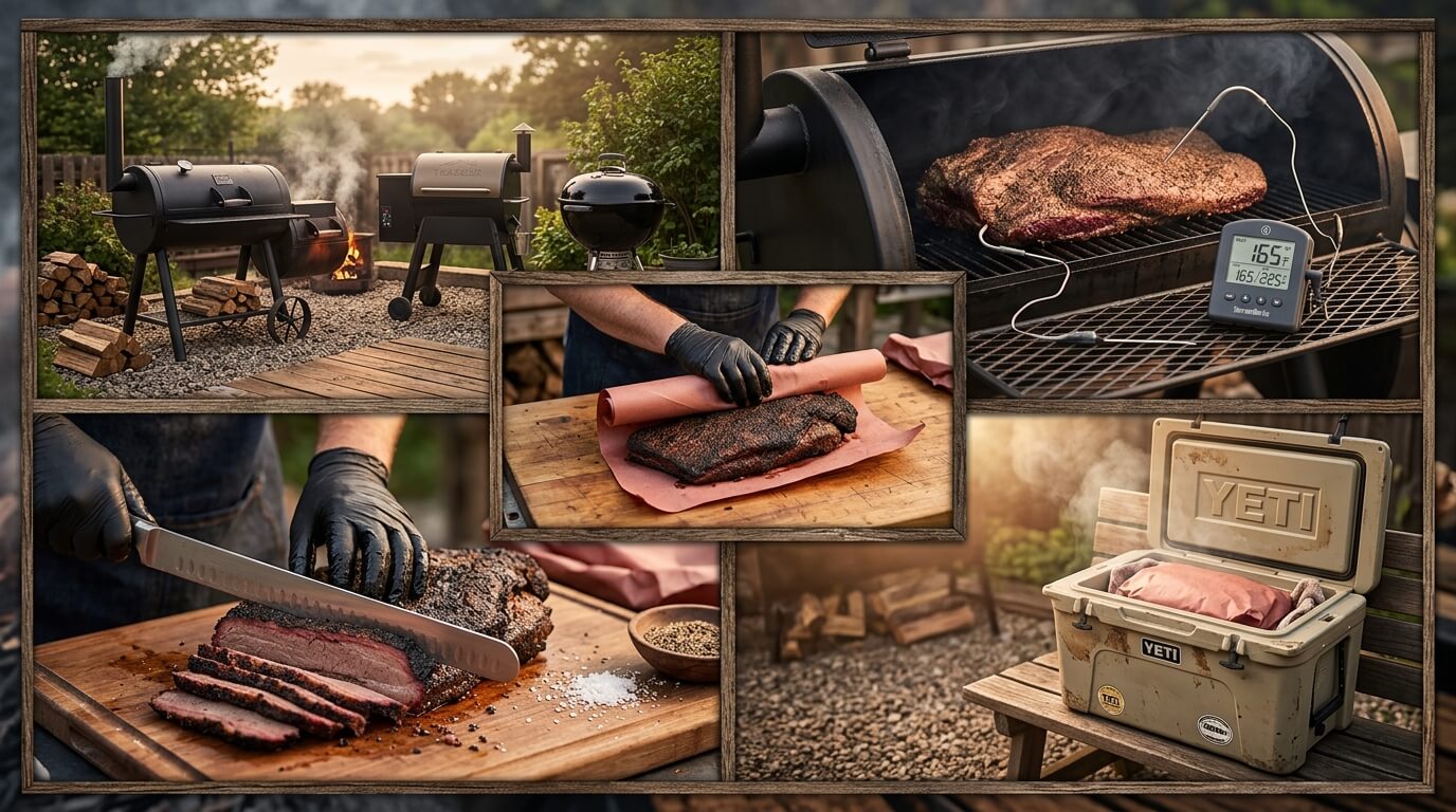 Texas Style Smoked Brisket recipe guide: smoking brisket on offset smoker and pellet grill, wrapping, slicing tender brisket with perfect smoke ring, and proper resting method for authentic Texas BBQ brisket