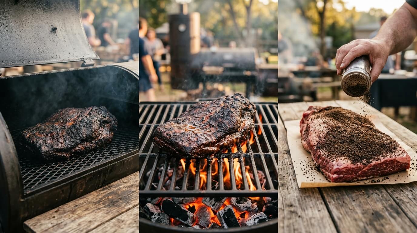 Smoking and seasoning brisket over fire for a Texas Style Smoked Brisket Recipe