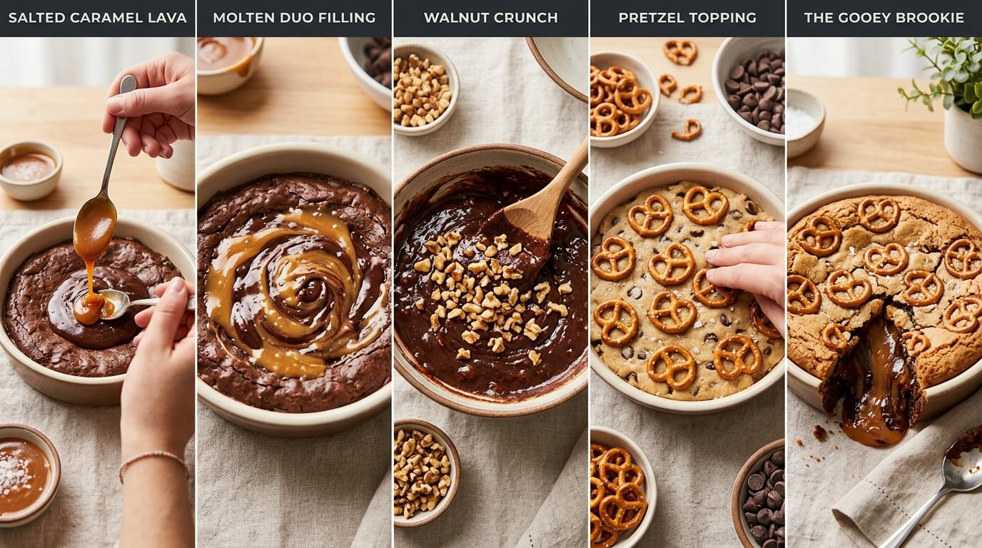Step-by-step process of making Gooey Chocolate Lava Brookie Cake showing salted caramel lava, molten duo chocolate filling, walnut crunch, pretzel topping, and the final gooey brookie with a spoon breaking into the rich molten center