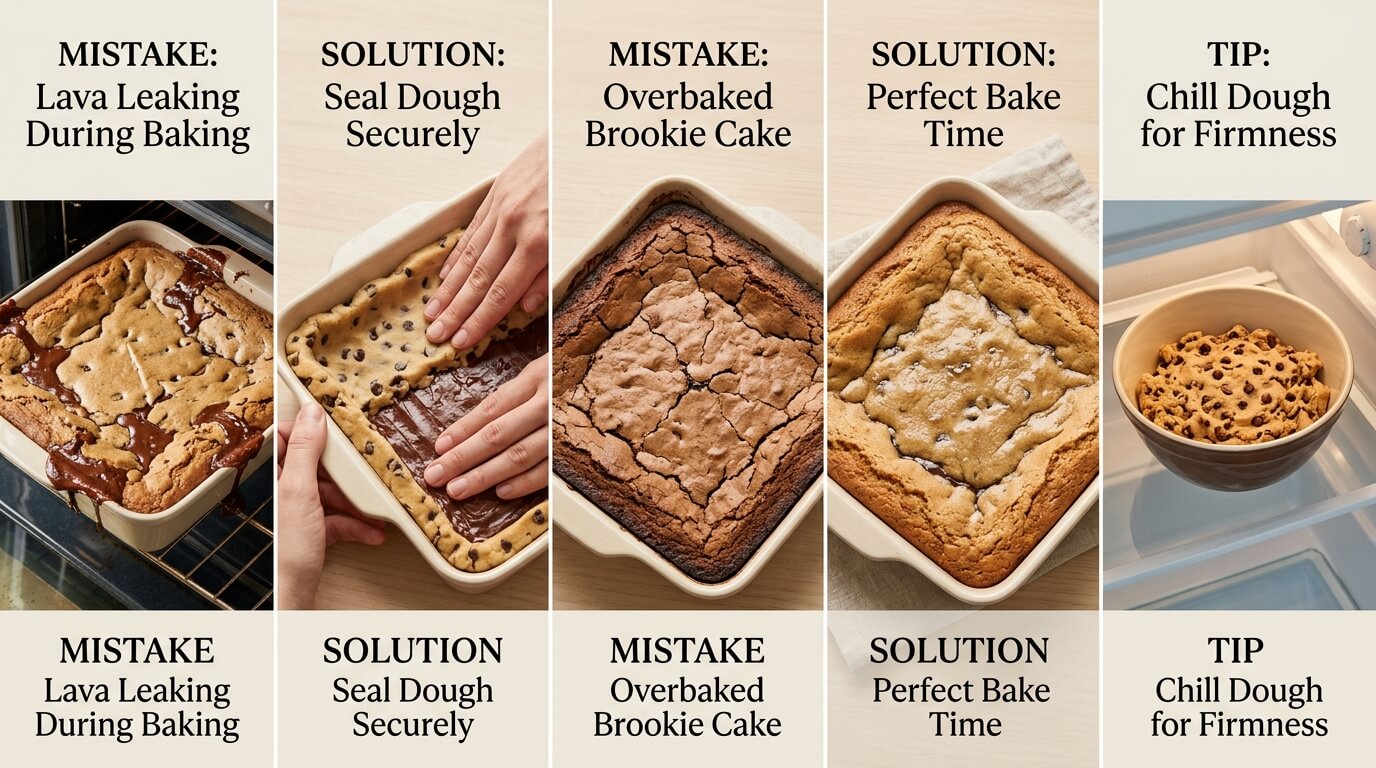 Gooey Chocolate Lava Brookie Cake tips showing common mistakes, solutions, and baking tips for perfect molten center