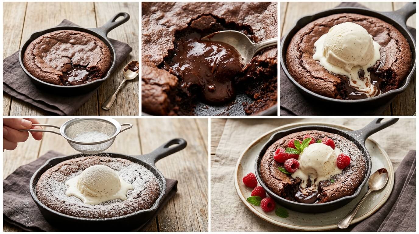 Gooey Chocolate Lava Brookie Cake served in a cast iron skillet: molten chocolate center oozing out, topped with vanilla ice cream and fresh raspberries, and dusted with powdered sugar for the perfect indulgent dessert