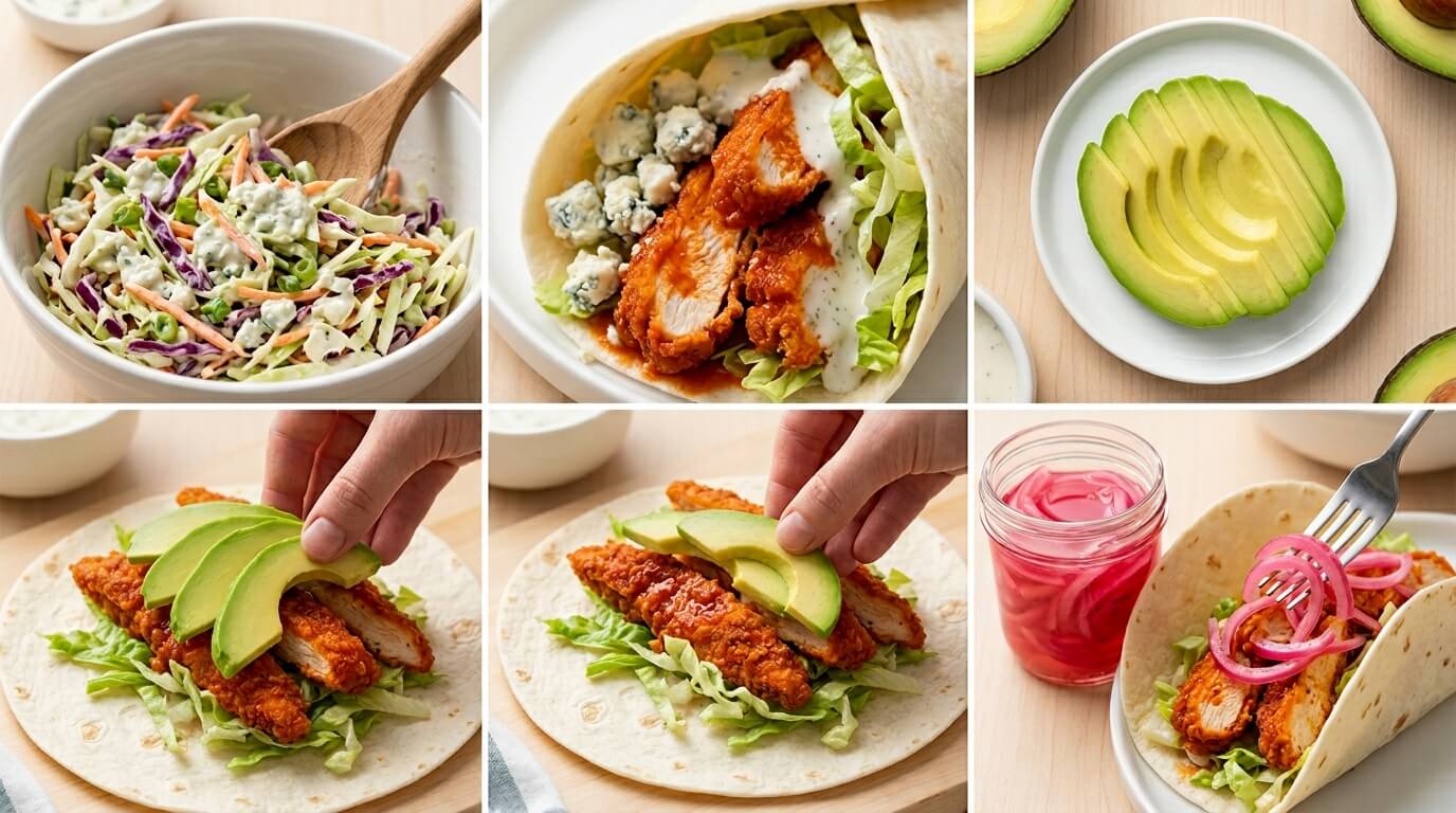 Crispy Buffalo Chicken Wraps assembly steps: coleslaw, buffalo chicken, avocado, and pickled onions