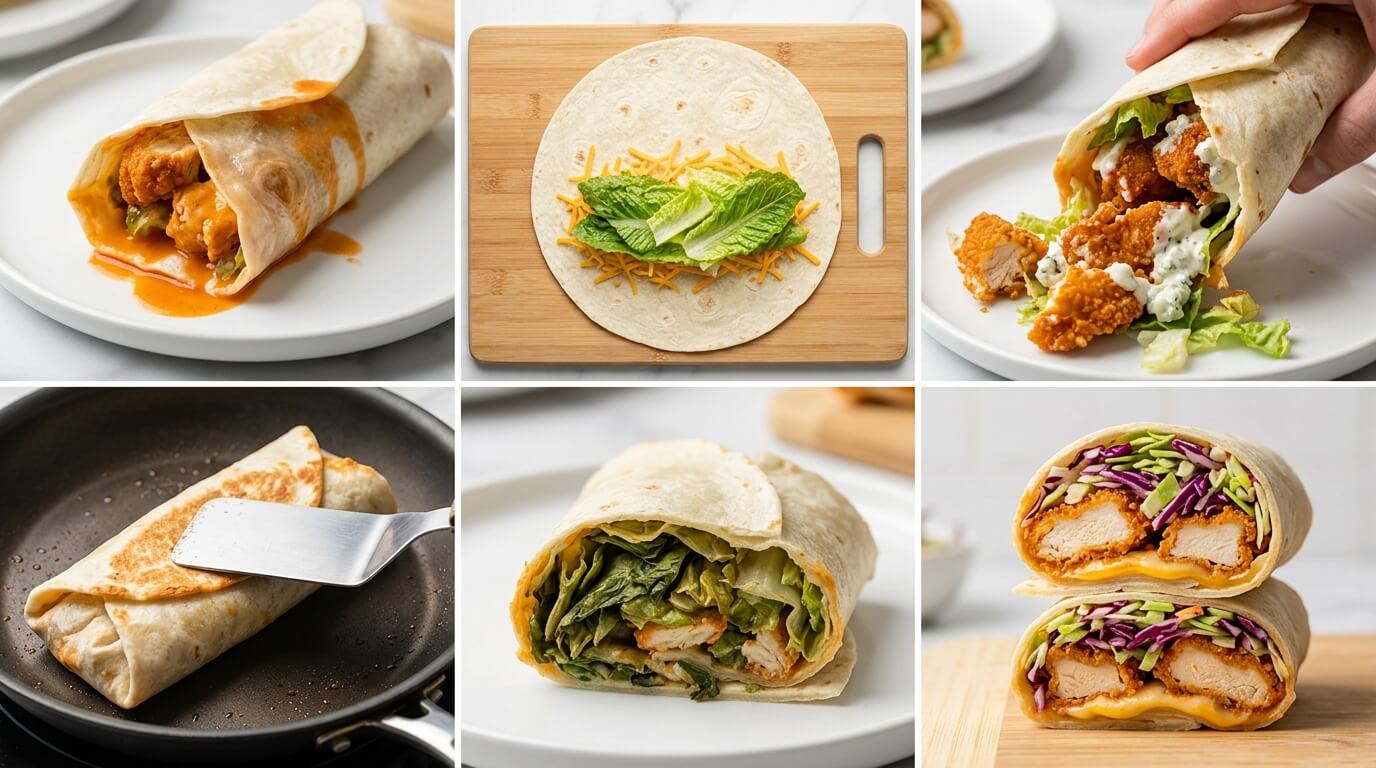 Step-by-step Crispy Buffalo Chicken Wraps Recipe showing filling, folding, grilling, and serving wraps