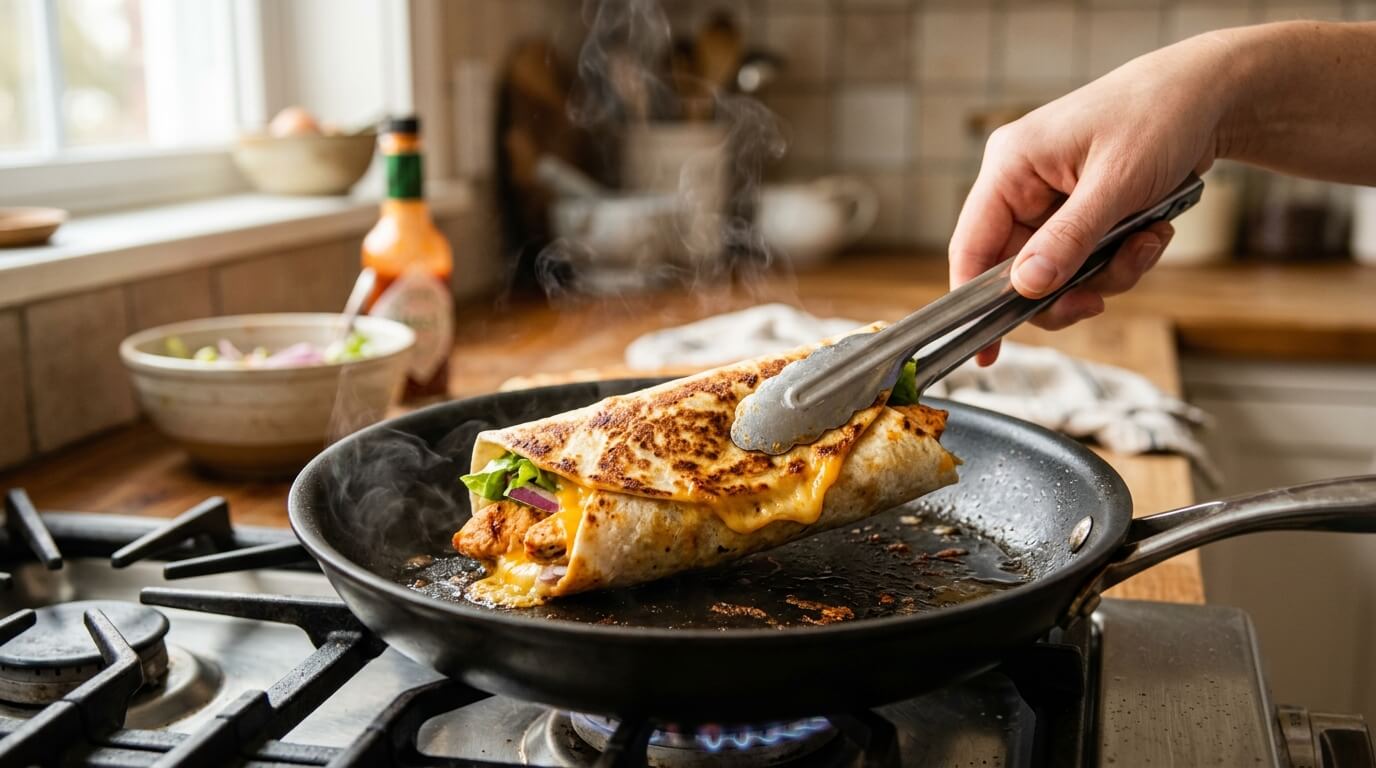 Grilling a filled wrap in pan for a Crispy Buffalo Chicken Wraps Recipe