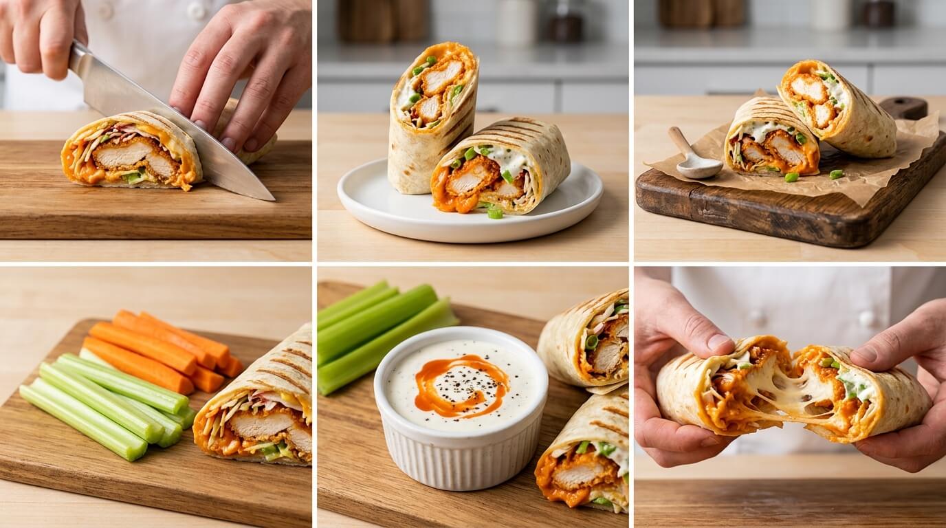 Crispy Buffalo Chicken Wraps sliced on a cutting board showing the crispy chicken, fresh veggies, and melty cheese filling, served with celery and carrot sticks, ranch dipping sauce, and hands pulling apart a cheesy wrap