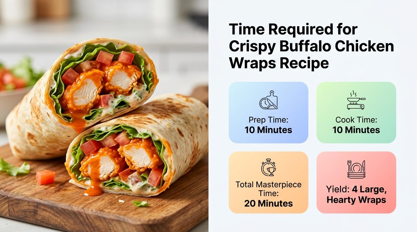 Crispy Buffalo Chicken Wraps Recipe with sliced wraps and time info for prep and cook minutes