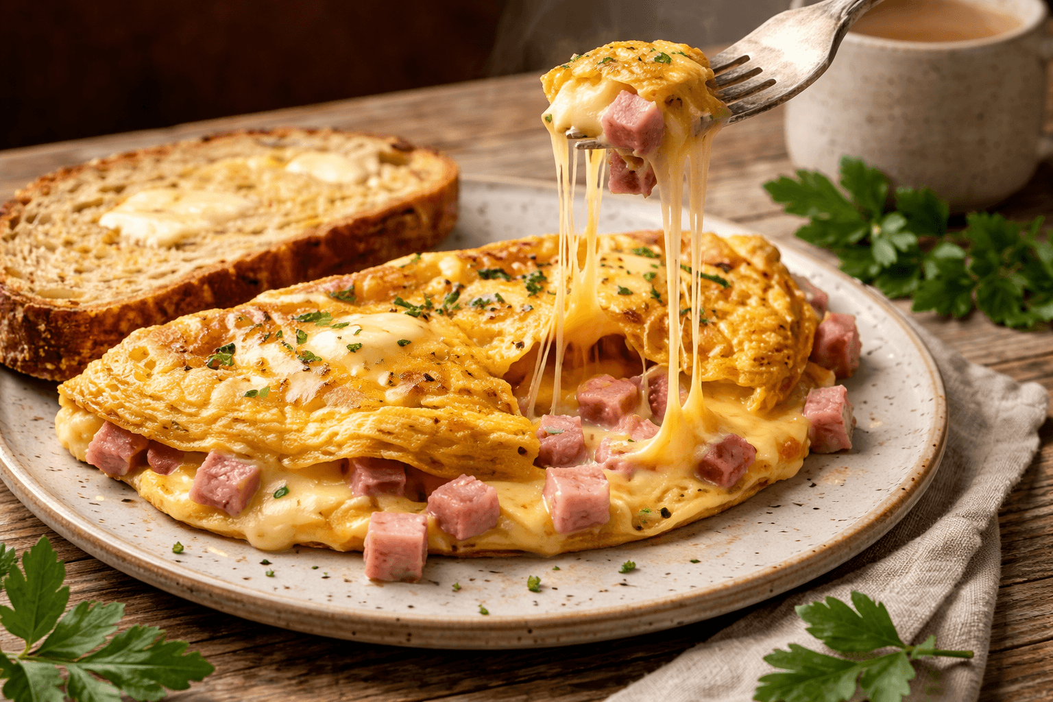 Ham and Cheese Omelette with gooey melted cheddar cheese pull, loaded with diced ham and fresh herbs, served with buttered sourdough toast on a rustic ceramic plate
