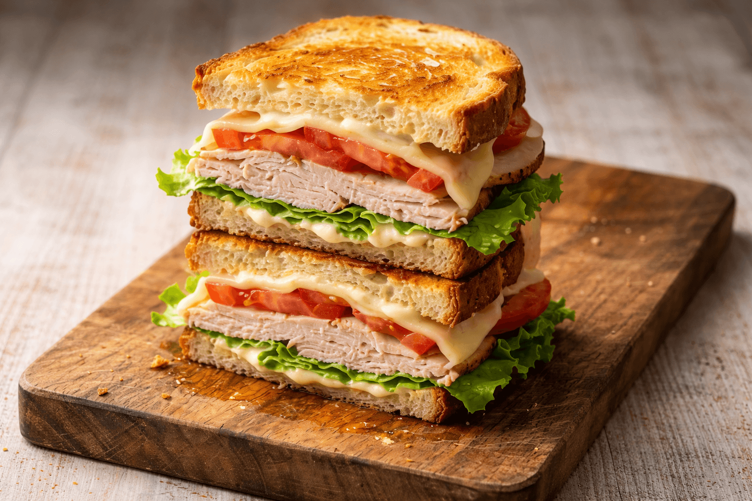 Turkey chicken club sandwich stacked with toasted bread, sliced meat, lettuce, tomato, and melted cheese on board
