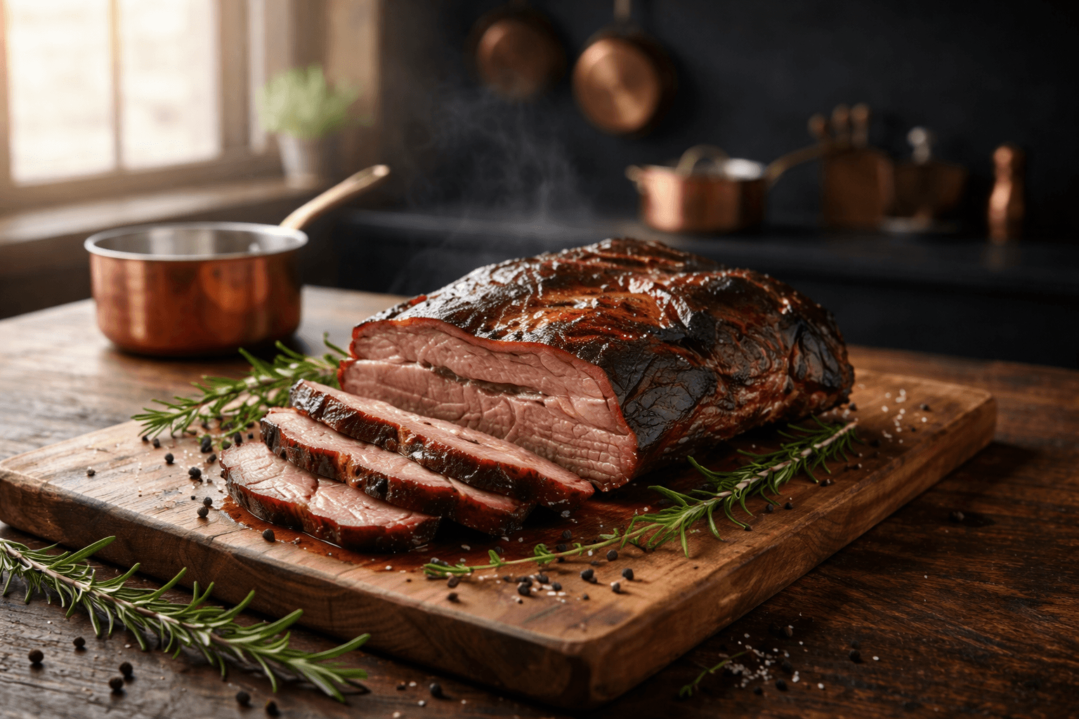Texas Style Smoked Brisket with perfect smoke ring and crispy bark on a wooden cutting board