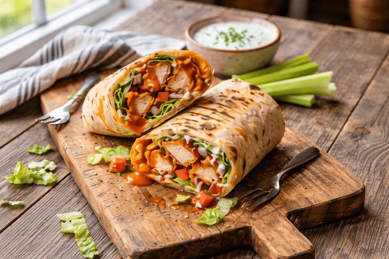 Crispy Buffalo Chicken Wraps sliced in half on a rustic wooden cutting board, filled with crispy buffalo chicken, fresh lettuce, diced tomatoes, and creamy ranch dressing, served with celery sticks and a bowl of ranch dip