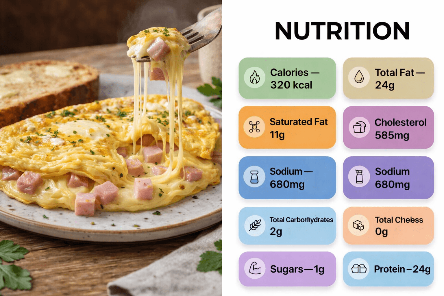 Ham and Cheese Omelette with melted cheese and diced ham, served with nutrition facts for calories, fat, sodium, and protein