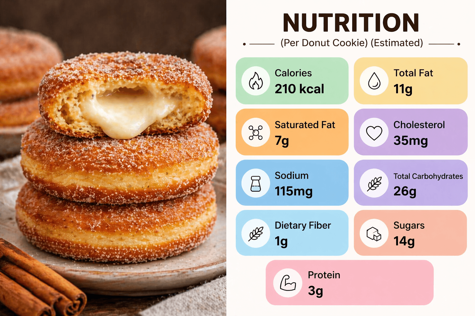 Churro Cheesecake Donut Cookies with creamy filling and nutrition facts for calories, fat, carbs, sugar, and protein