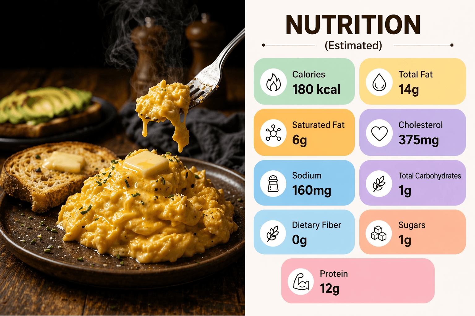 Scrambled eggs with creamy texture and butter, served with toast and nutrition facts for calories, fat, and protein