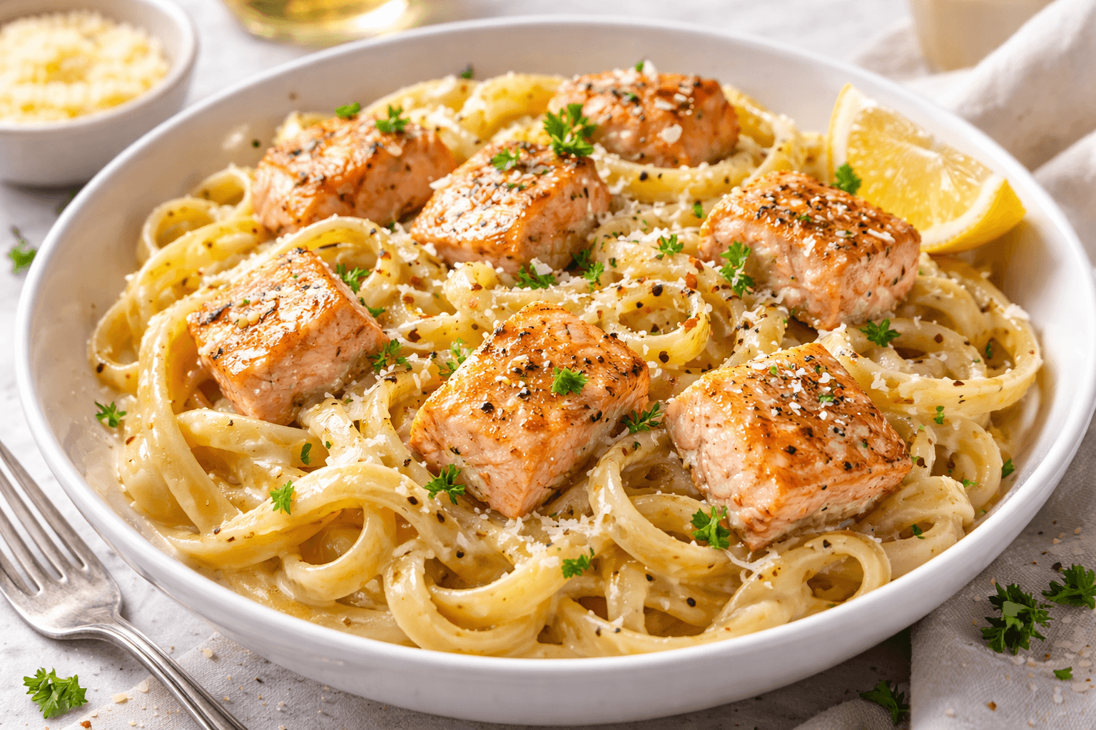 A white bowl of creamy salmon alfredo pasta with long fettuccine noodles, seared salmon cubes, grated parmesan cheese, fresh parsley, and a lemon wedge on the side.
