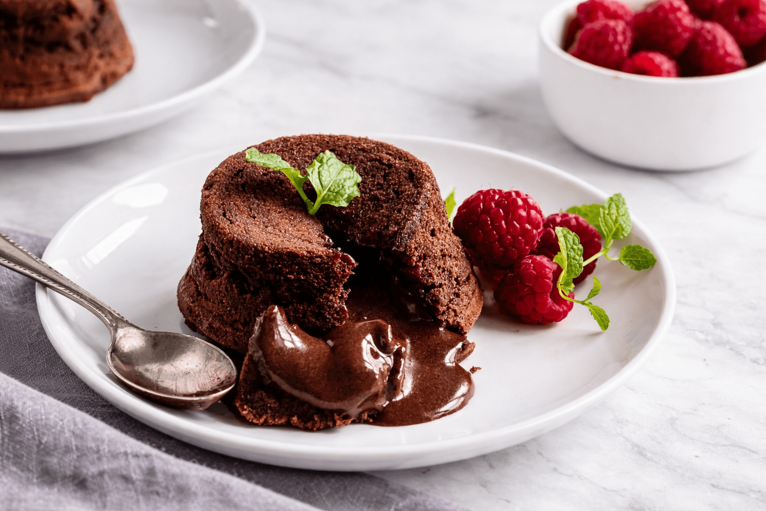 Gooey Chocolate Lava Brookie Cake with rich molten chocolate oozing from the center, garnished with fresh mint leaves and served with sweet raspberries on a white plate