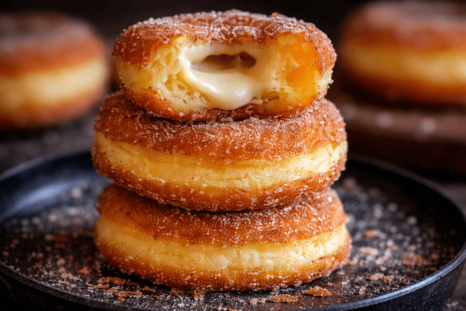 Stacked Baked Churro Cheesecake Donut Cookies with a bite taken out showing gooey melted cheesecake filling, crispy cinnamon sugar coating, and soft donut texture on a black plate
