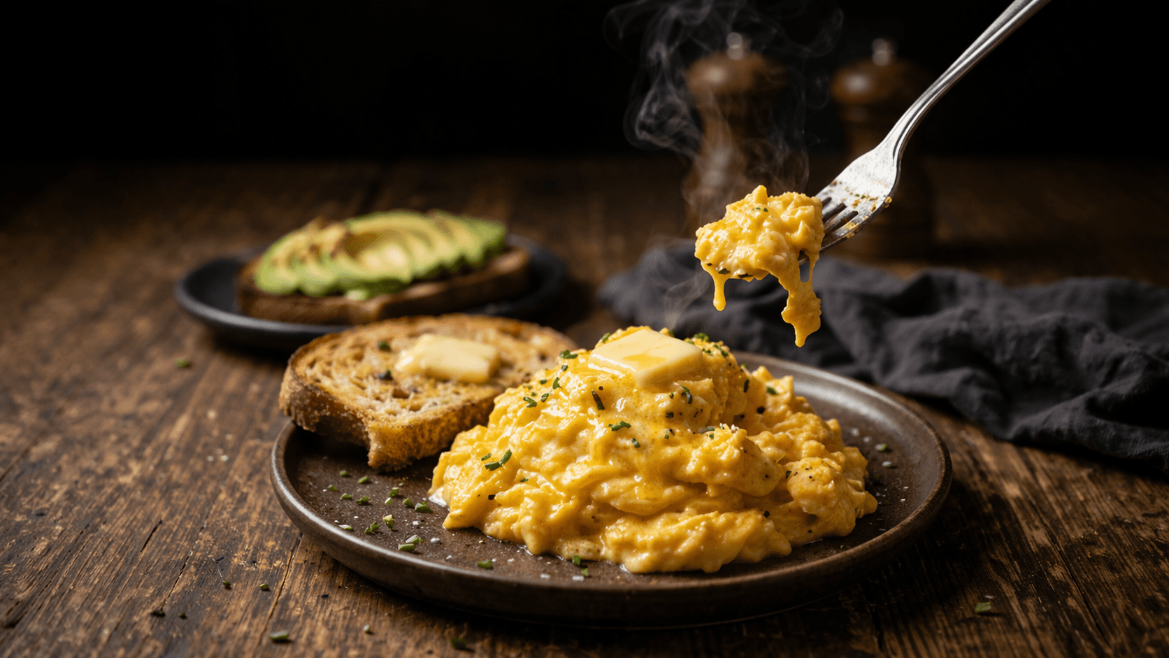 Fluffy scrambled eggs served on a dark plate with melting butter and fresh chives, a fork lifting a steaming bite, with avocado toast and buttered sourdough in the background