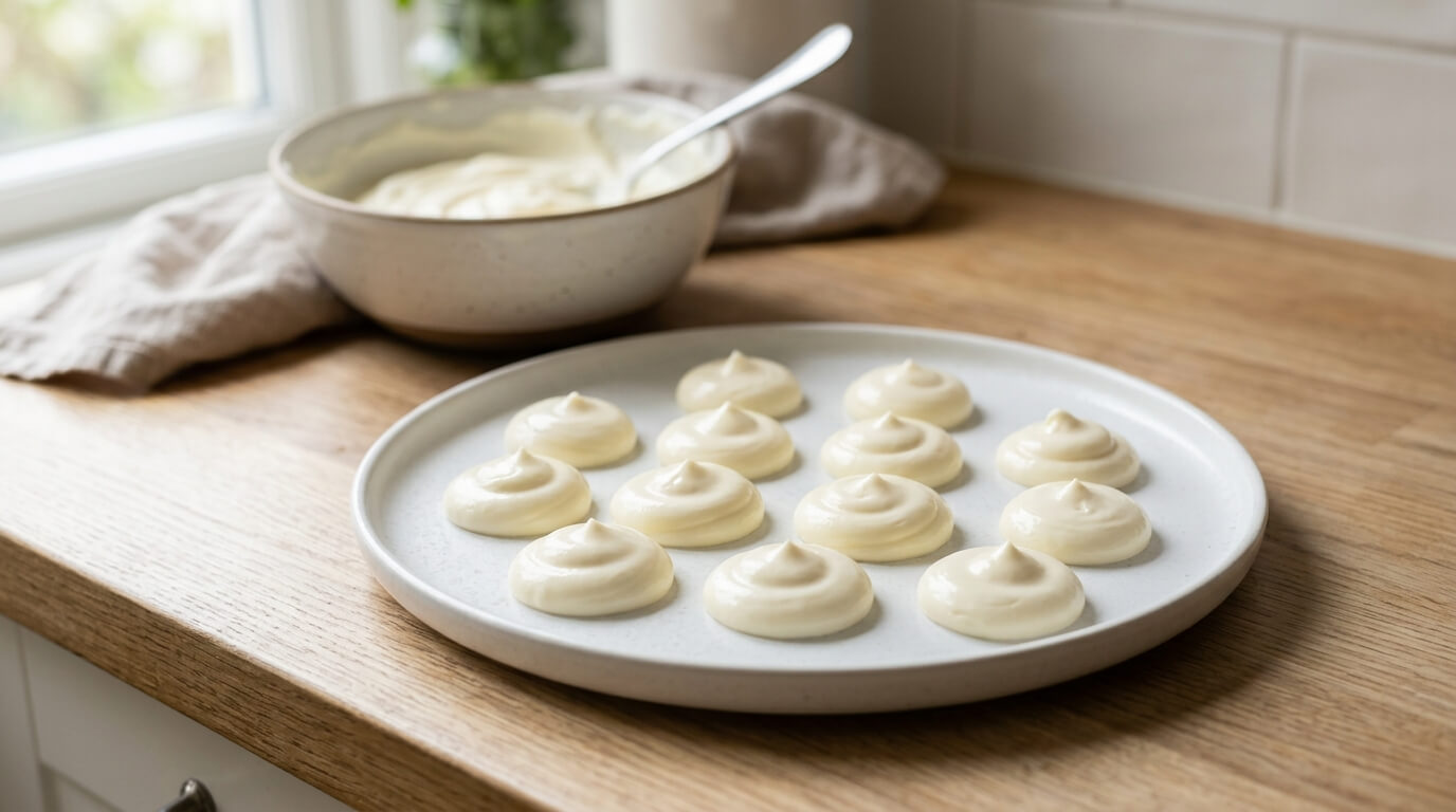 Churro Cheesecake Donut Cookies cheesecake filling piped into small dollops on plate before baking