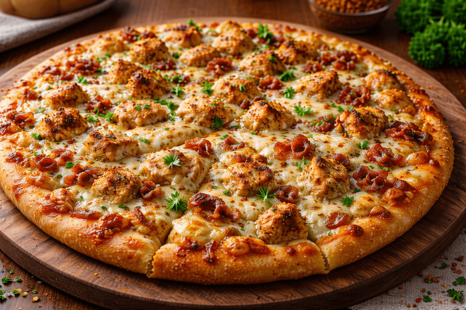 Homemade Chicken Alfredo and bacon pizza on a wooden serving platter