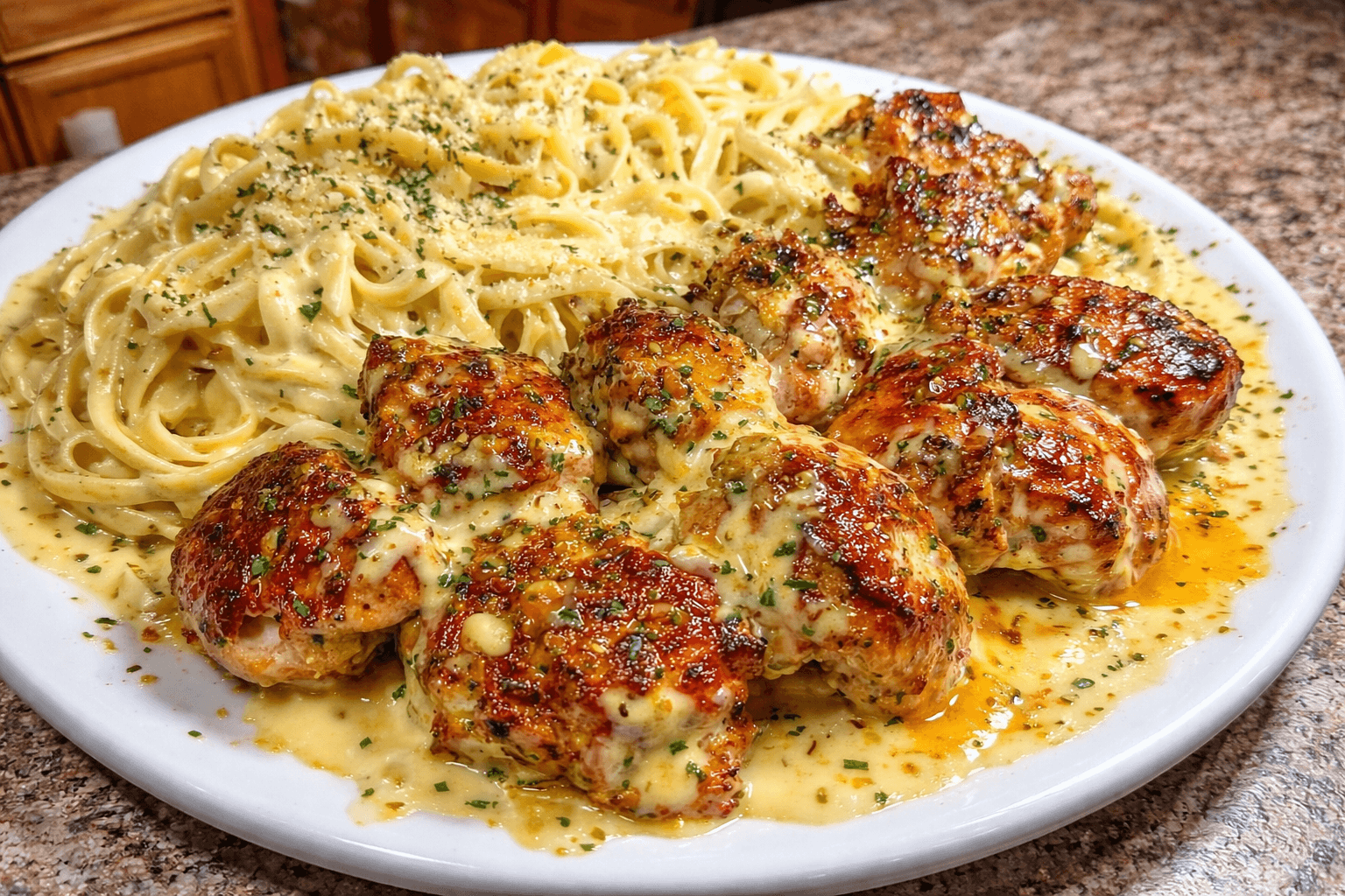 Chicken Alfredo Pasta with juicy seared chicken breasts smothered in rich creamy Alfredo sauce, served over fettuccine pasta and garnished with fresh parsley on a white platter