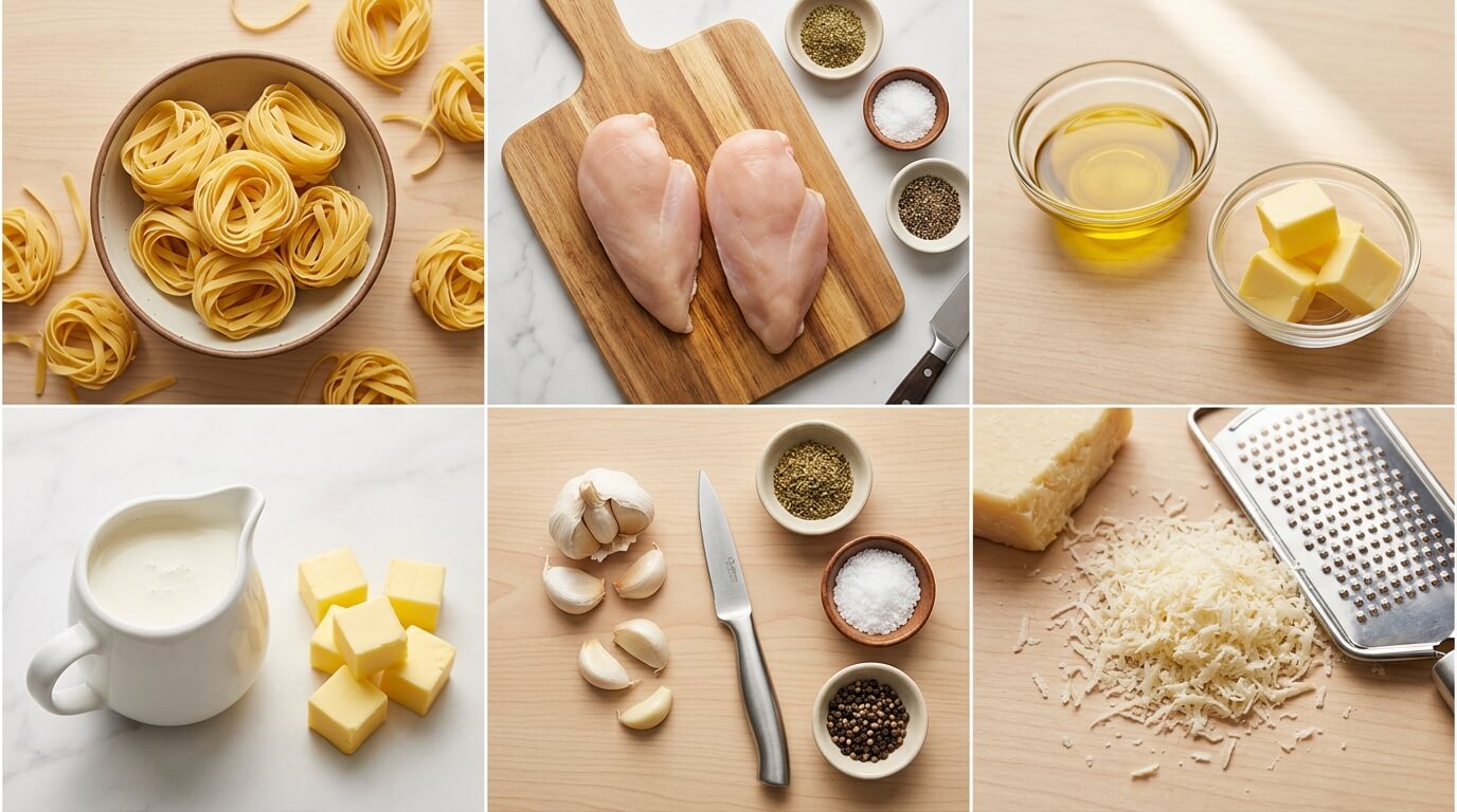Chicken Alfredo Pasta ingredients: fresh fettuccine pasta, raw chicken breasts, butter, olive oil, heavy cream, garlic, parmesan cheese, salt, pepper, and Italian herbs laid out on wooden and marble surfaces