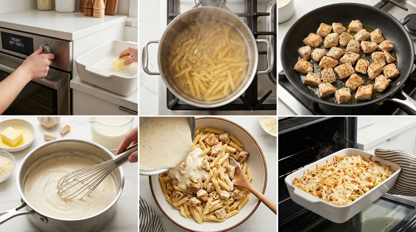 Chicken Alfredo Oven Bake Pasta process collage: preparing white baking dish, boiling penne pasta, sautéing diced chicken breast, whisking homemade Alfredo sauce with butter and cheese, combining pasta and chicken, and pulling the bubbly cheesy baked pasta out of the oven with oven mitt