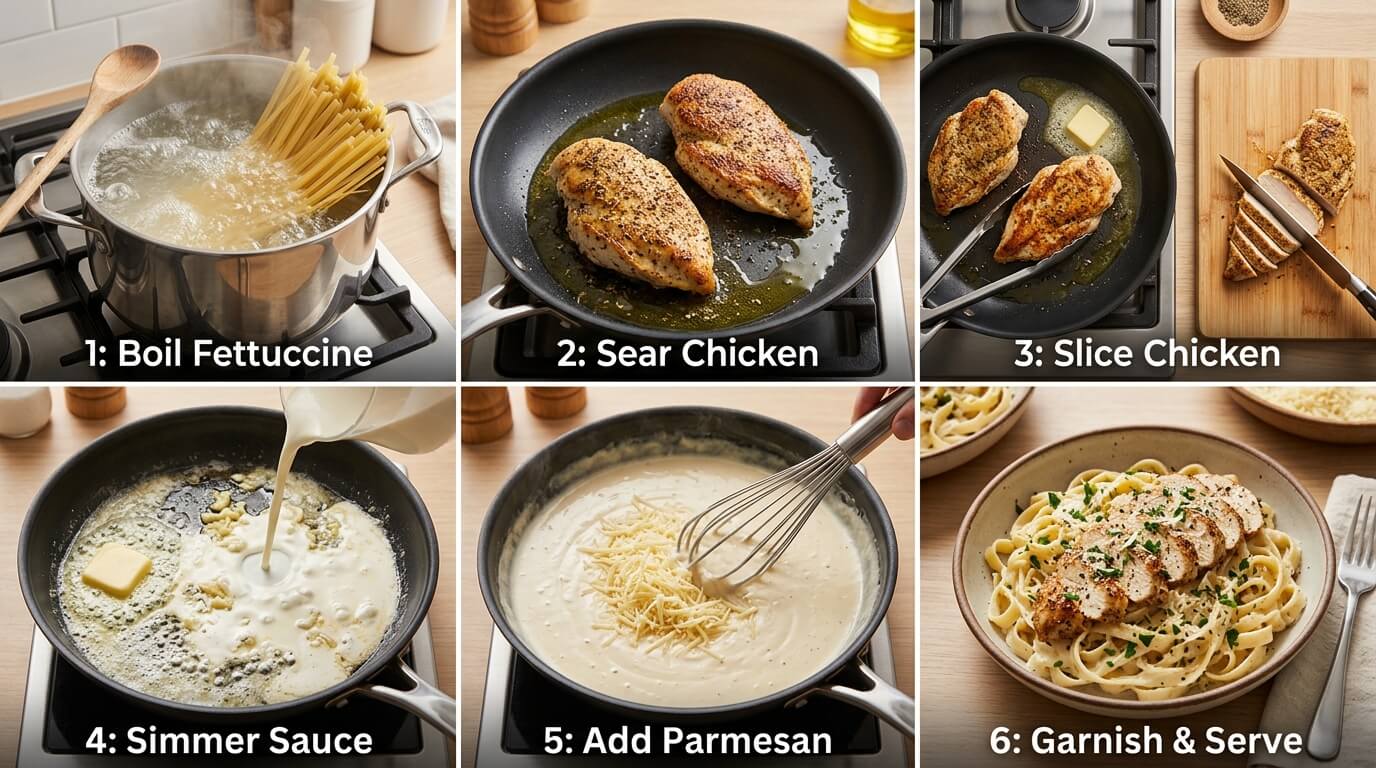 Chicken Alfredo Pasta recipe steps: boil fettuccine, sear chicken, slice chicken, simmer Alfredo sauce, add parmesan, and serve