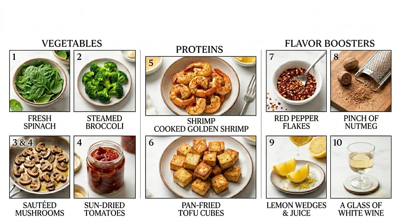 Chicken Alfredo Pasta add-ins and customization guide: vegetables like fresh spinach, steamed broccoli, sautéed mushrooms and sun-dried tomatoes; proteins such as cooked shrimp and pan-fried tofu; plus flavor boosters including red pepper flakes, nutmeg, lemon wedges, and white wine