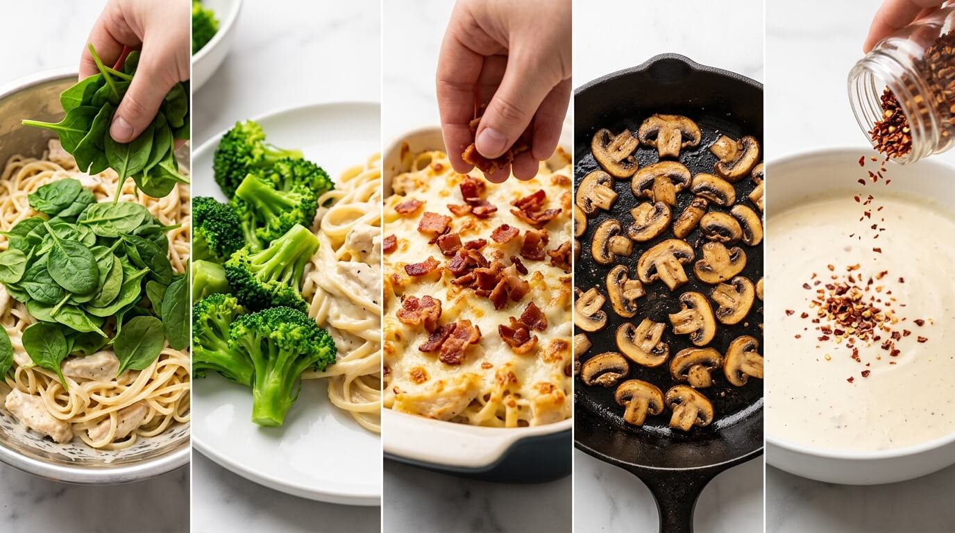 Chicken Alfredo Pasta recipe variations: adding spinach, broccoli, bacon, mushrooms, and red pepper flakes to creamy chicken Alfredo pasta for easy delicious customizations