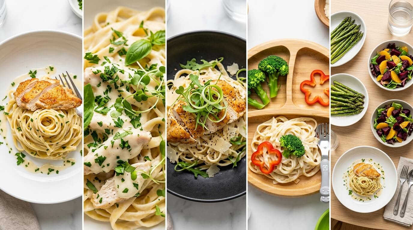 Chicken Alfredo Pasta recipe served in multiple styles: creamy fettuccine with golden seared chicken breast and rich Alfredo sauce garnished with fresh parsley and basil, plus a colorful kids version with broccoli and bell peppers in a divided plate