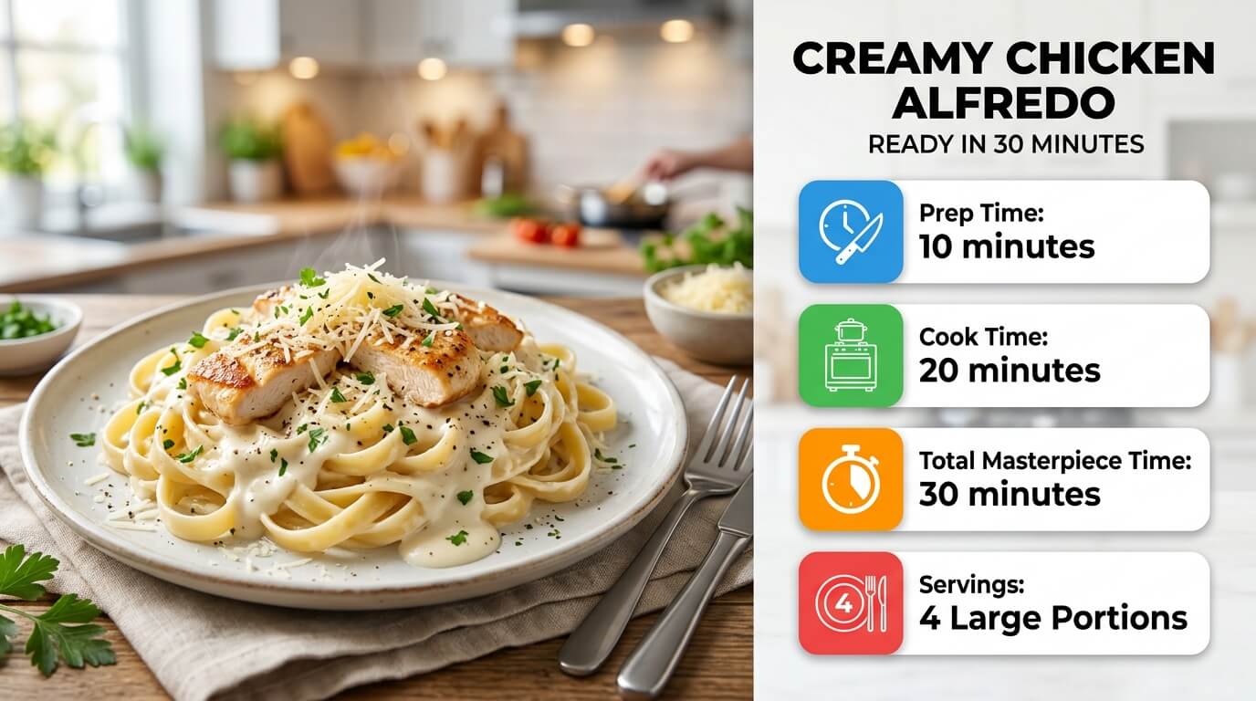 Creamy Chicken Alfredo Pasta with grilled chicken on fettuccine, served with prep, cook time, and nutrition details graphic