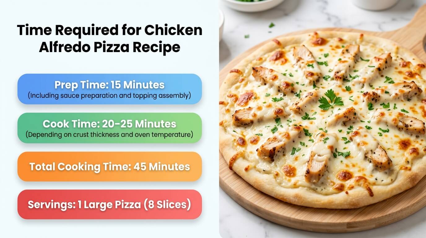 Chicken Alfredo Pizza with creamy sauce, grilled chicken topping, and prep, cook time, and serving details graphic