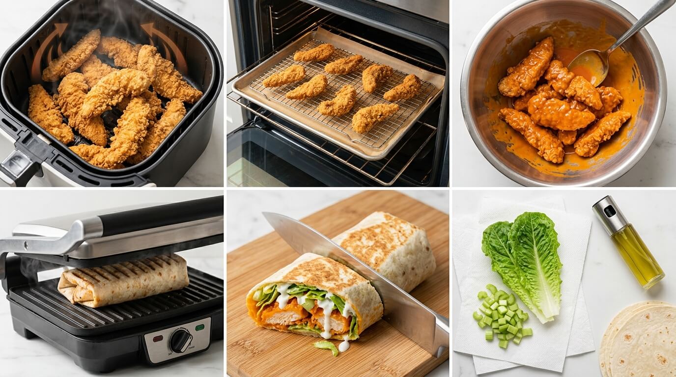 Step-by-step Crispy Buffalo Chicken Wraps recipe: cooking crispy chicken tenders in air fryer and oven, tossing in spicy buffalo sauce, grilling the wrap in a panini press, slicing the finished wrap, and fresh ingredients like lettuce, green onions, and tortillas