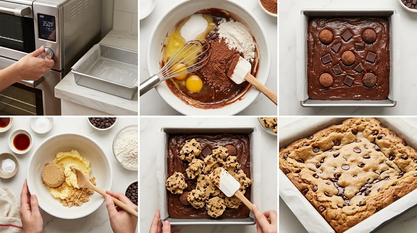 Step-by-step Gooey Chocolate Lava Brookie Cake recipe: preheating oven, mixing brownie batter with eggs and cocoa, brownie layer in baking pan topped with chocolate chunks, making chocolate chip cookie dough, layering cookie dough over brownie batter, and the final baked golden brookie with gooey center