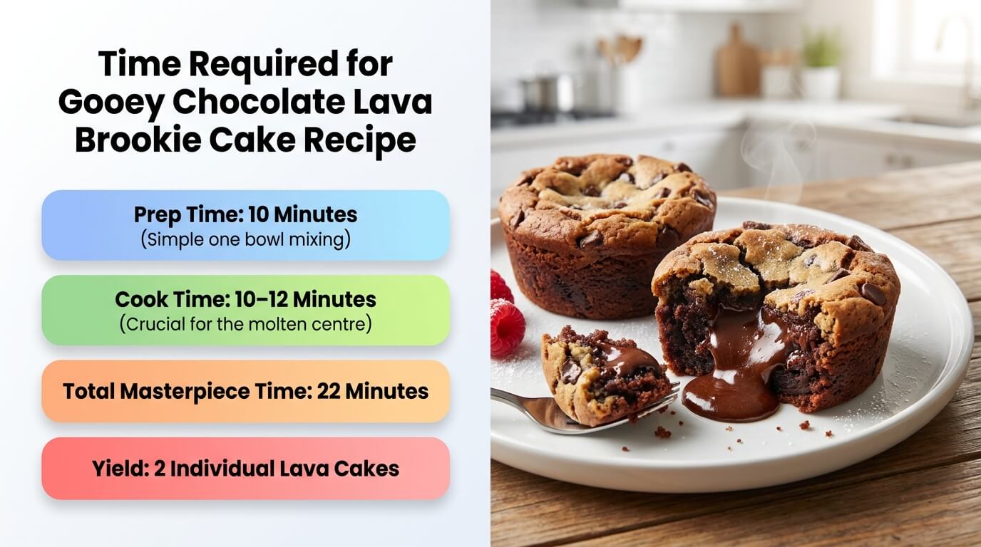 Gooey Chocolate Lava Brookie Cake with molten center and prep, cook time, and serving details graphic
