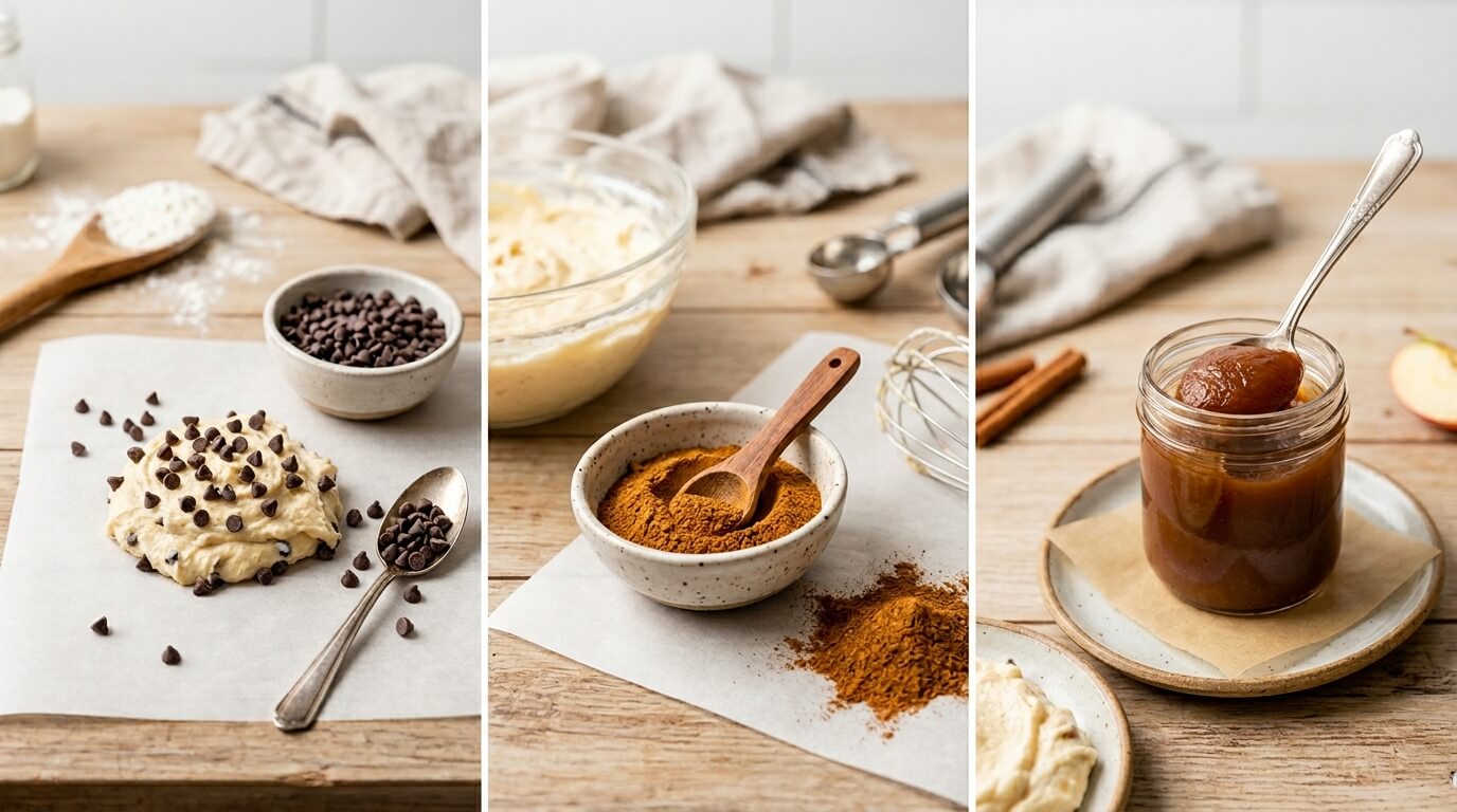 Ingredients for Churro Cheesecake Donut Cookies including dough, chocolate chips, cinnamon, and caramel sauce on table