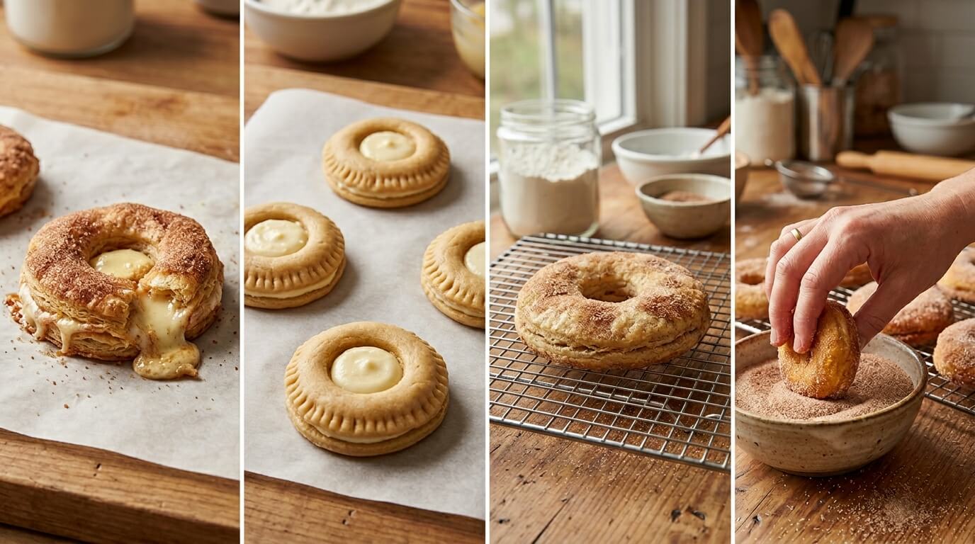 Making Churro Cheesecake Donut Cookies by filling, baking, cooling, and coating in cinnamon sugar for final finish