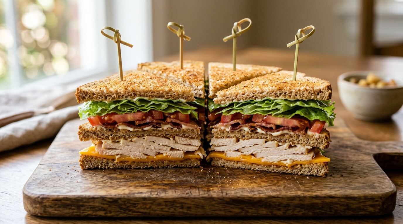 Turkey chicken club sandwich cut in halves with layers of chicken, bacon, lettuce, tomato, and cheese on toasted bread